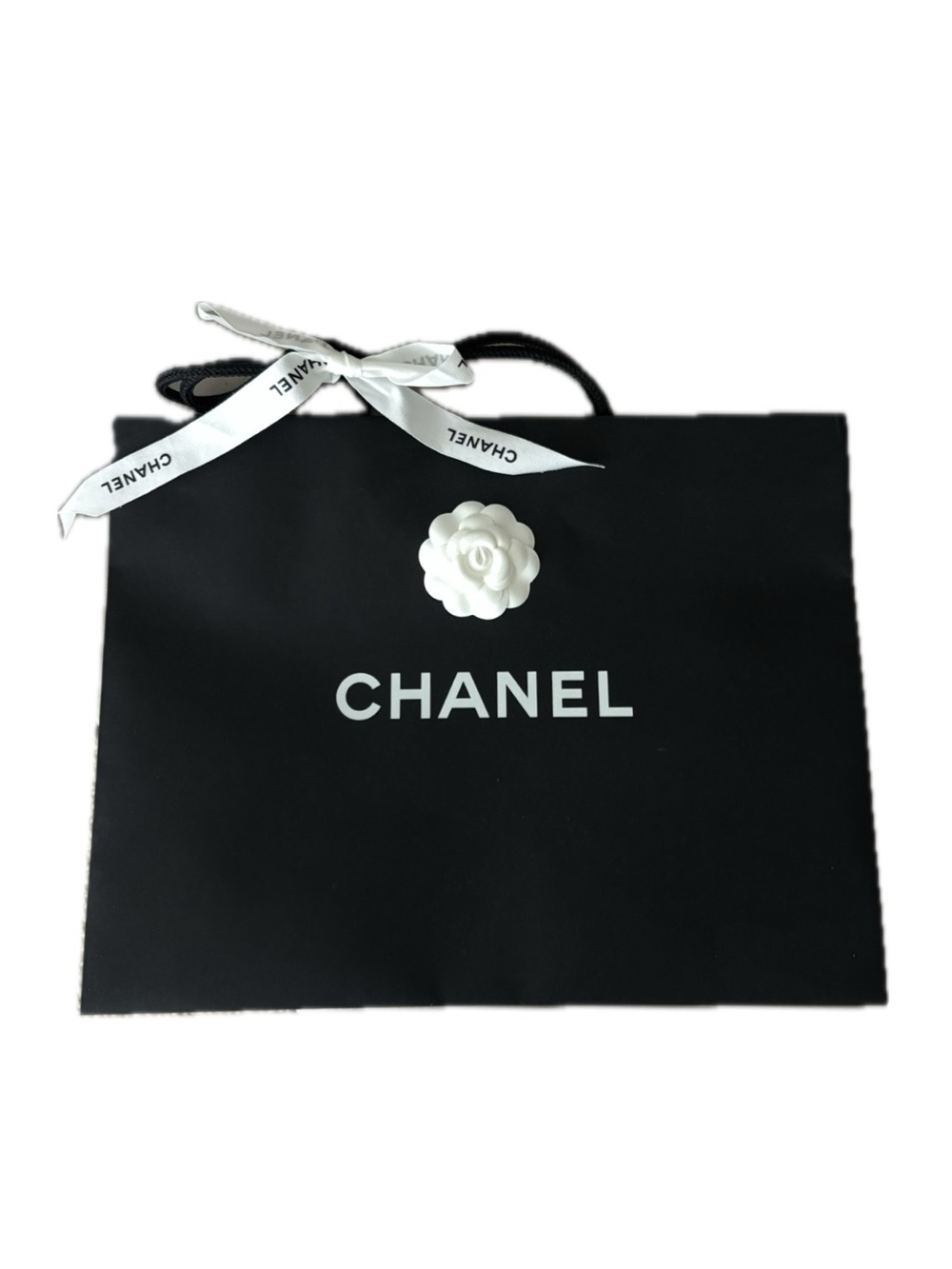 CHANEL Large Black Shopping Bag with White Camellia and Ribbon